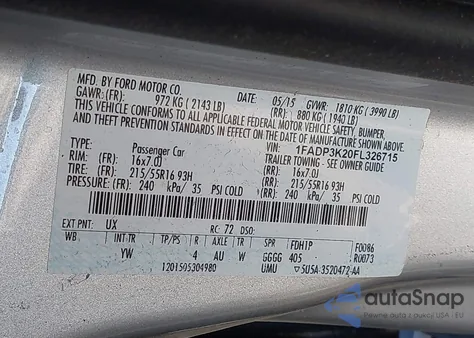 2015 Ford Focus Se из США, поврежденный, VIN 1FADP3K20FL326715